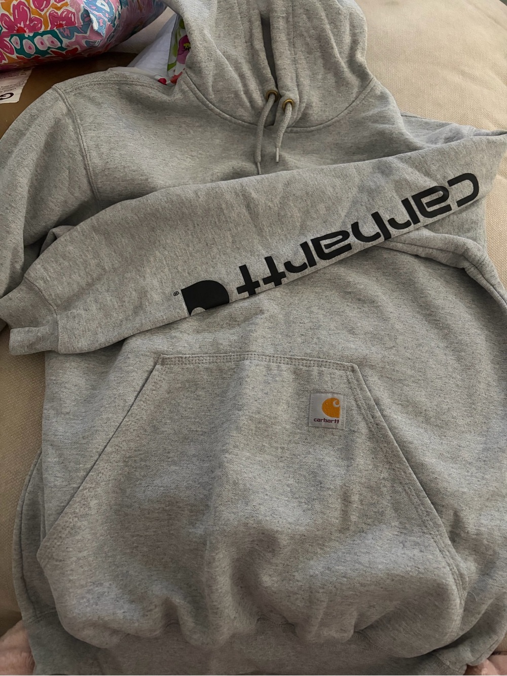 Carhartt Light Gray Hoodie with Black Sleeve Logo